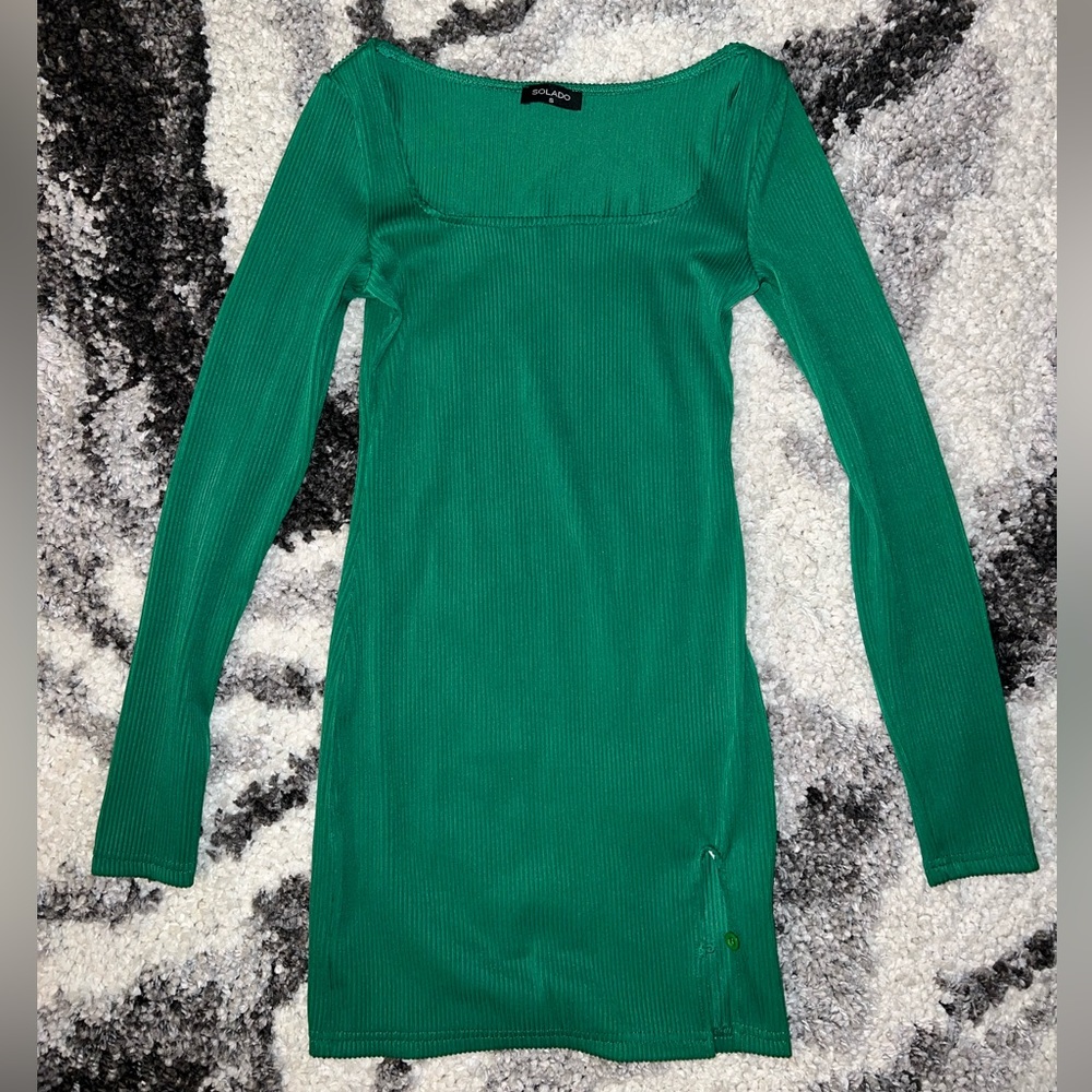 Solado Square Neck Green Ribbed Knit Split Hem Long Sleeve Mini Dress